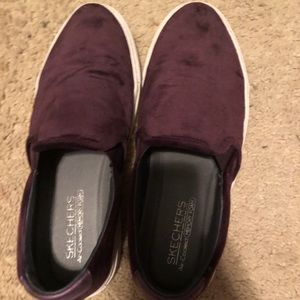 Maroon velvet skecher slip ons